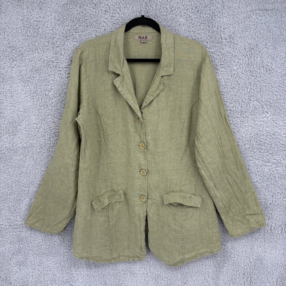 FLAX Sage Green 100% Linen Button Front Blazer Jacket Size M Three Button Notch